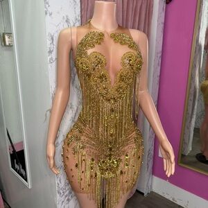 Elegant Gold Beaded Backless Dress